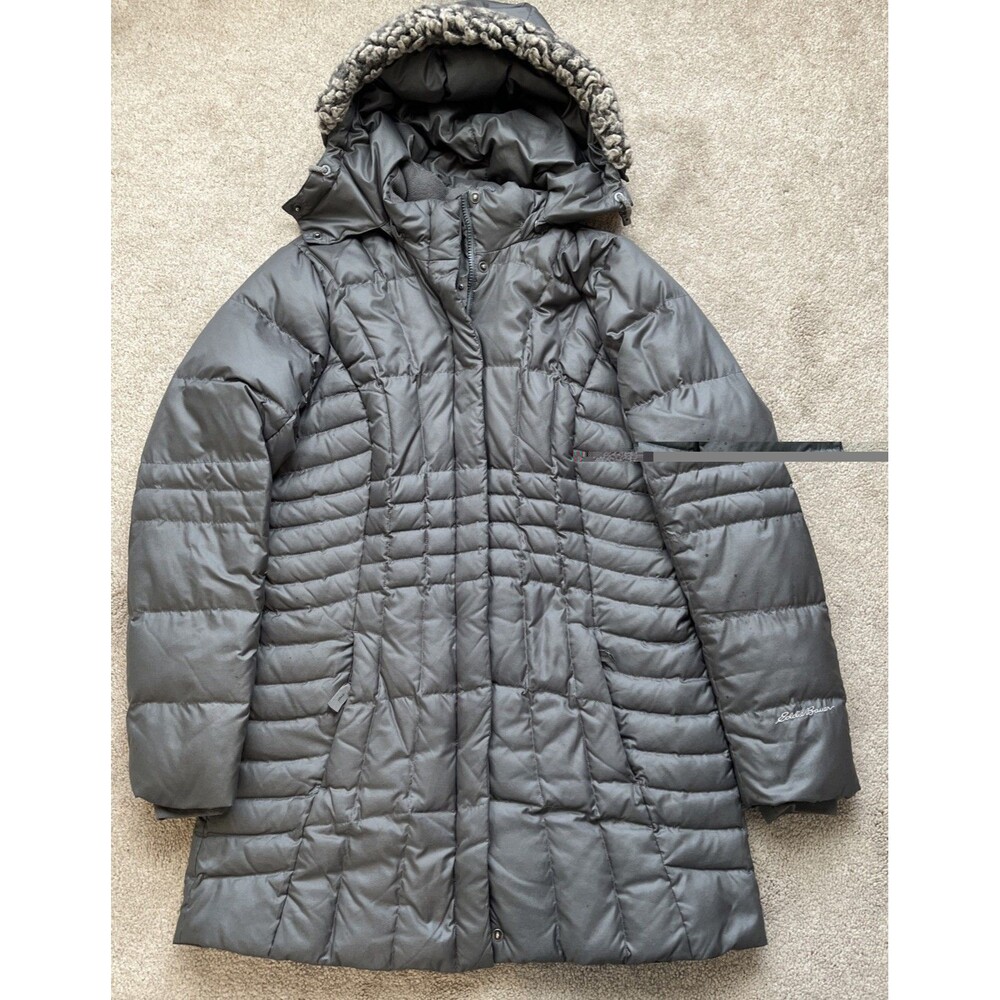 Eddie Bauer Down Parka Womens Tall Large TL Gray Fur Hooded Winter Insulated